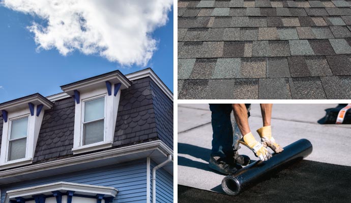 Collage of mansard roof roll roofing and asphalt shingles
