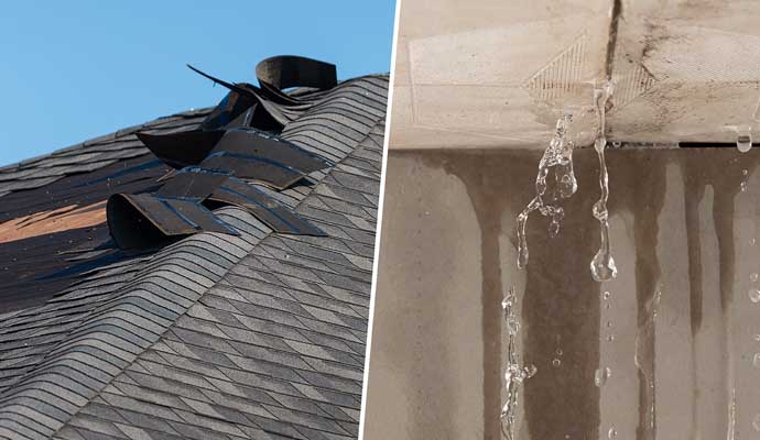 Collage of missing shingle and water damaged roof